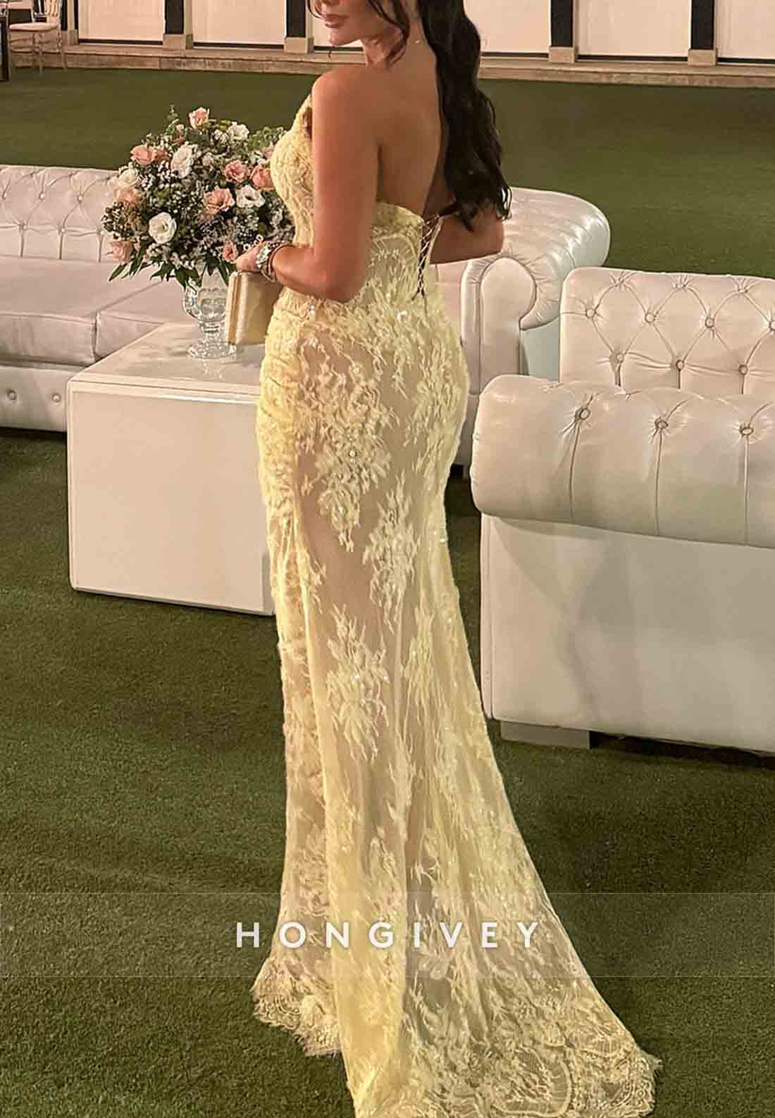 Lace Sweetheart Yellow Column Strapless High Slit Floor-Length Evening Gowns