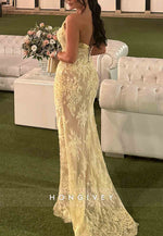 Lace Sweetheart Yellow Column Strapless High Slit Floor-Length Evening Gowns