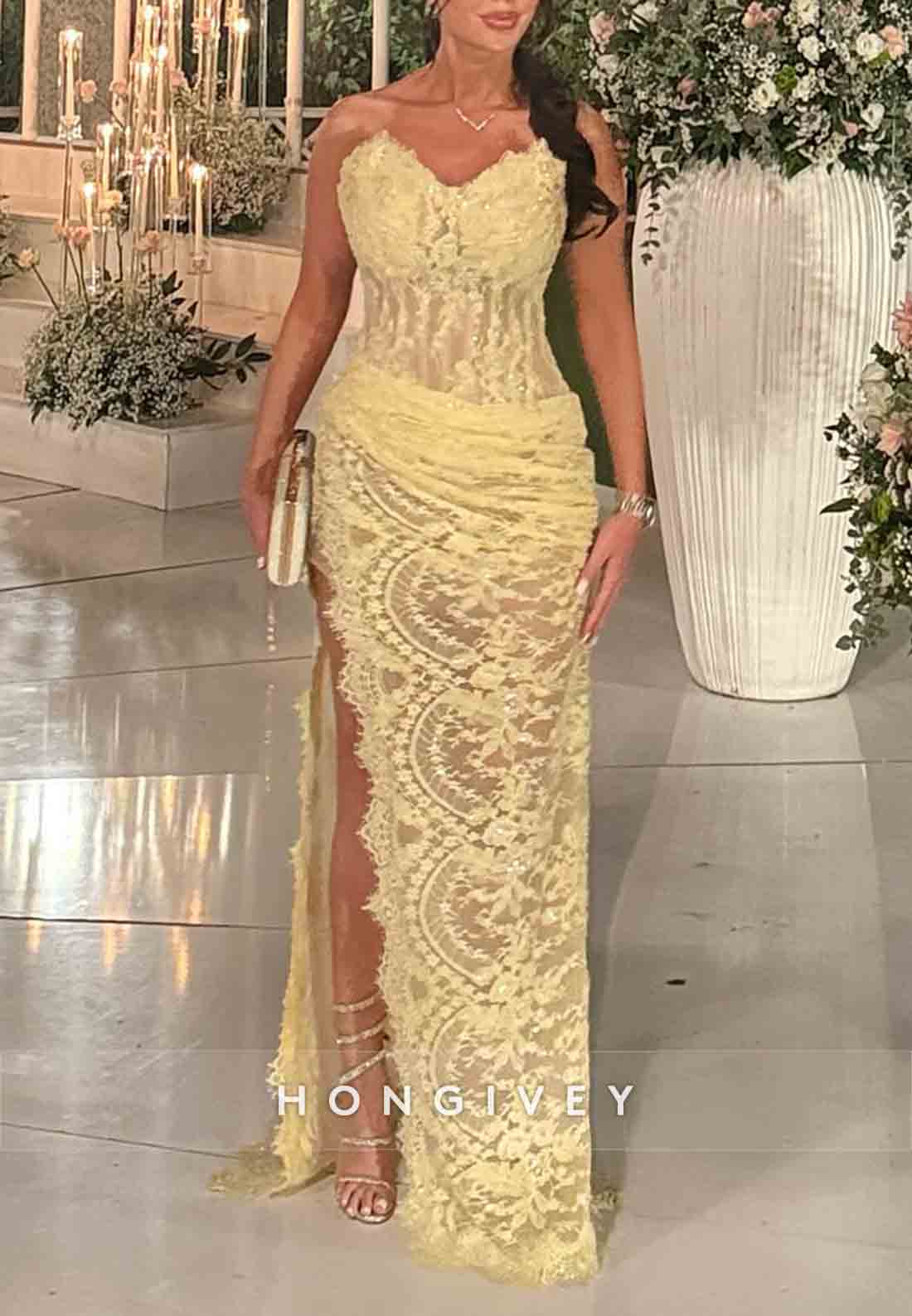 Lace Sweetheart Yellow Column Strapless High Slit Floor-Length Evening Gowns