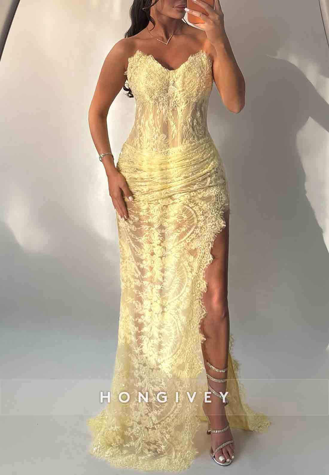 Lace Sweetheart Yellow Column Strapless High Slit Floor-Length Evening Gowns