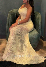 Lace Sweetheart Yellow Column Strapless High Slit Floor-Length Evening Gowns