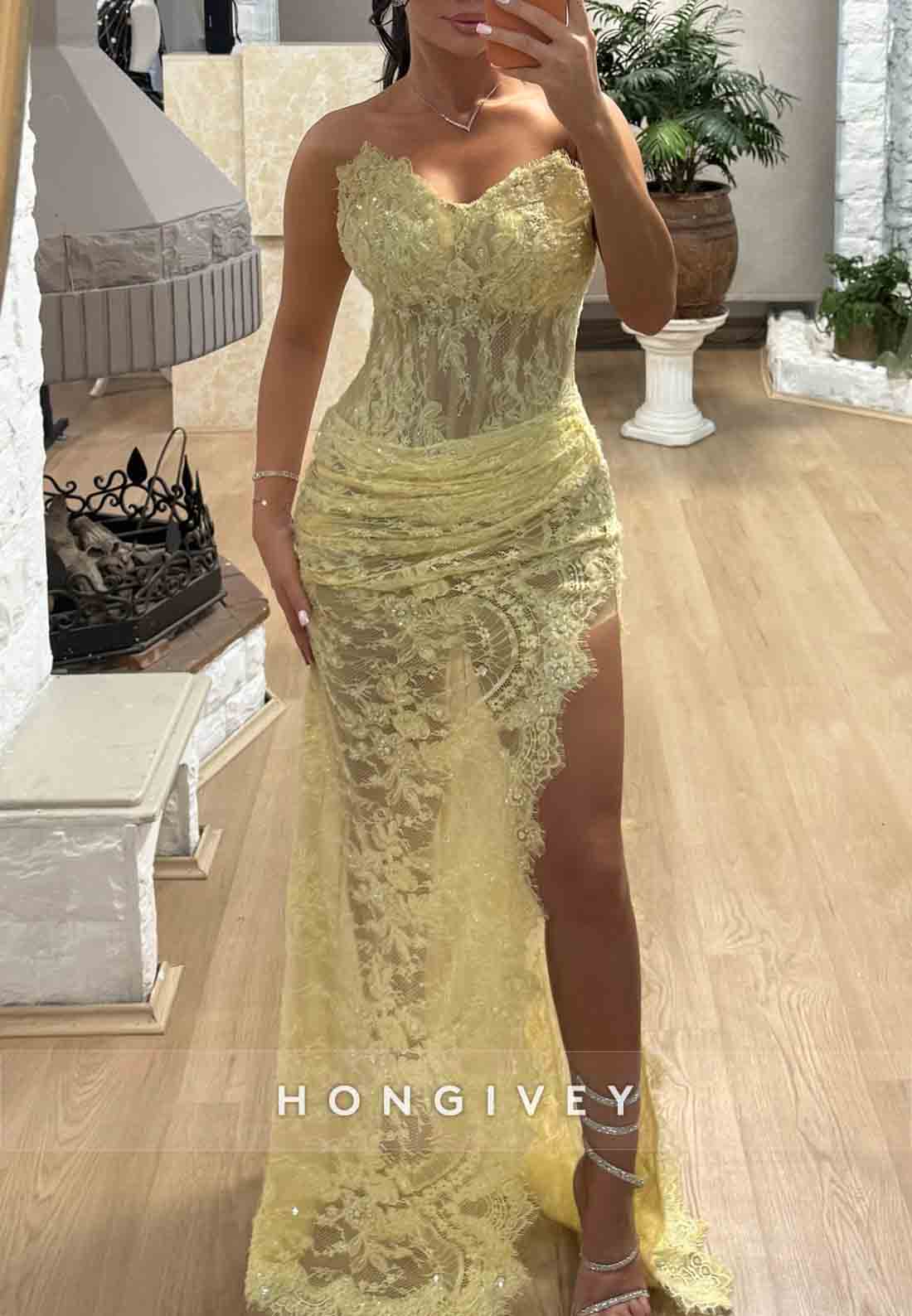 Lace Sweetheart Yellow Column Strapless High Slit Floor-Length Evening Gowns