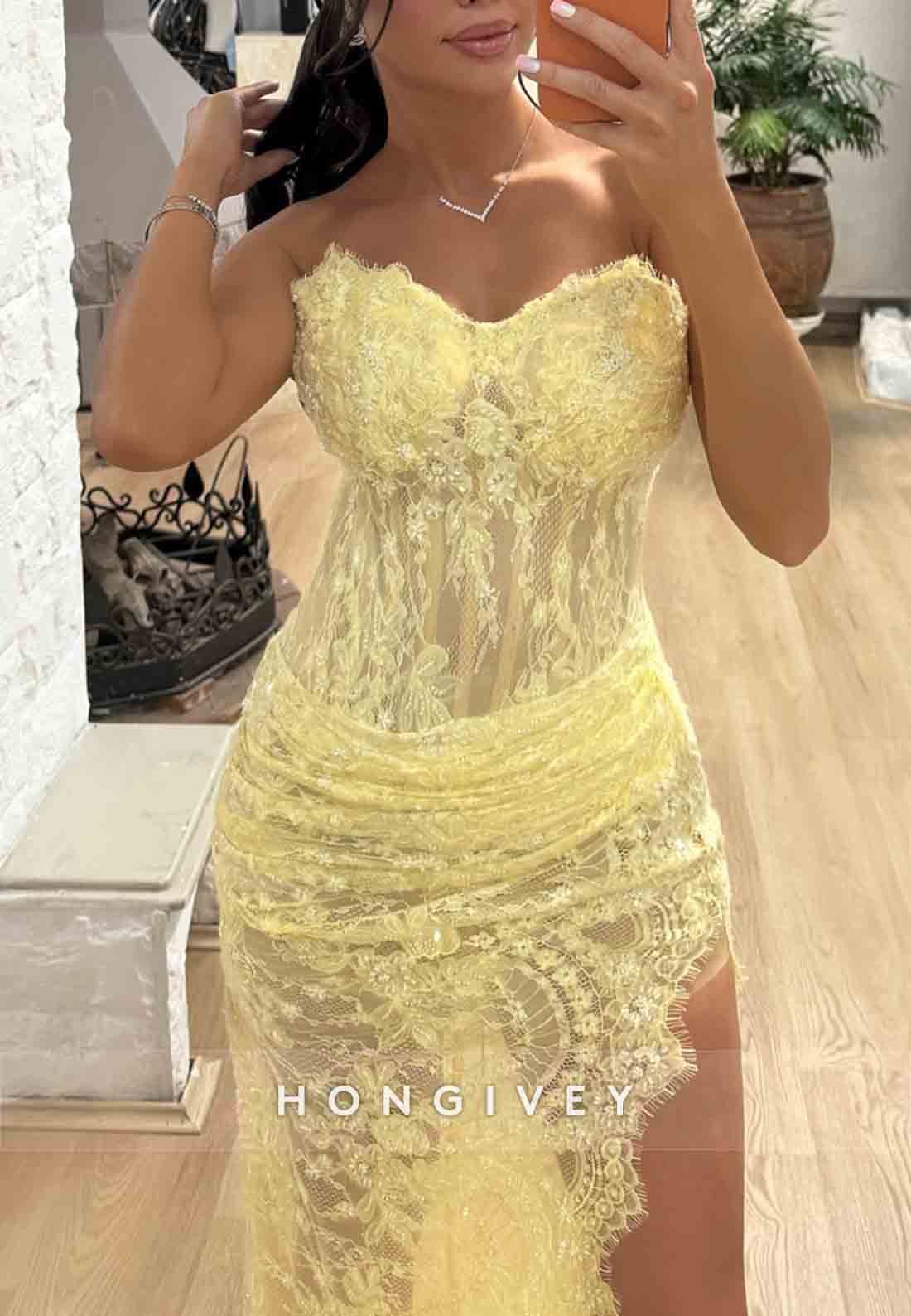 Lace Sweetheart Yellow Column Strapless High Slit Floor-Length Evening Gowns