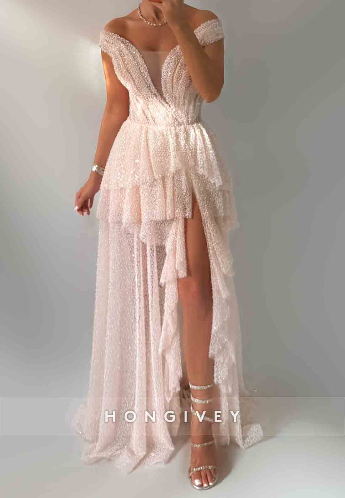 Off the Shoulder A-Line Glitter Floor-Length Evening Gowns with High Slit