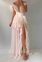 Off the Shoulder A-Line Glitter Floor-Length Evening Gowns with High Slit