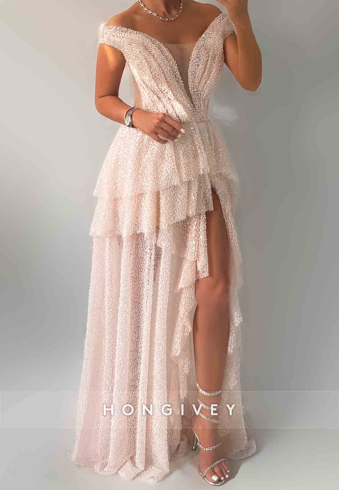 Off the Shoulder A-Line Glitter Floor-Length Evening Gowns with High Slit