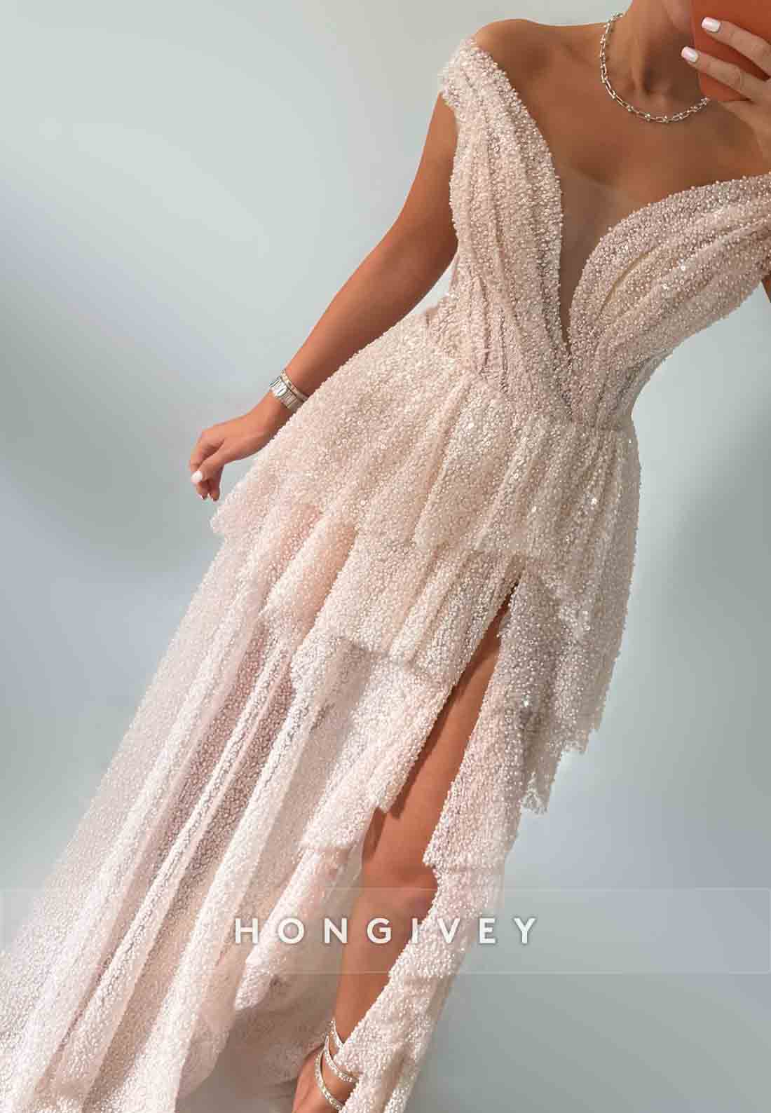 Off the Shoulder A-Line Glitter Floor-Length Evening Gowns with High Slit