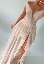 Off the Shoulder A-Line Glitter Floor-Length Evening Gowns with High Slit