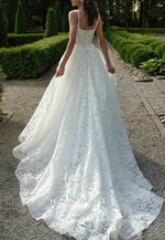 Square Neck Spaghetti Straps A-Line Wedding Dresses with Pearls