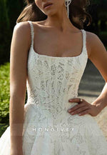 Square Neck Spaghetti Straps A-Line Wedding Dresses with Pearls