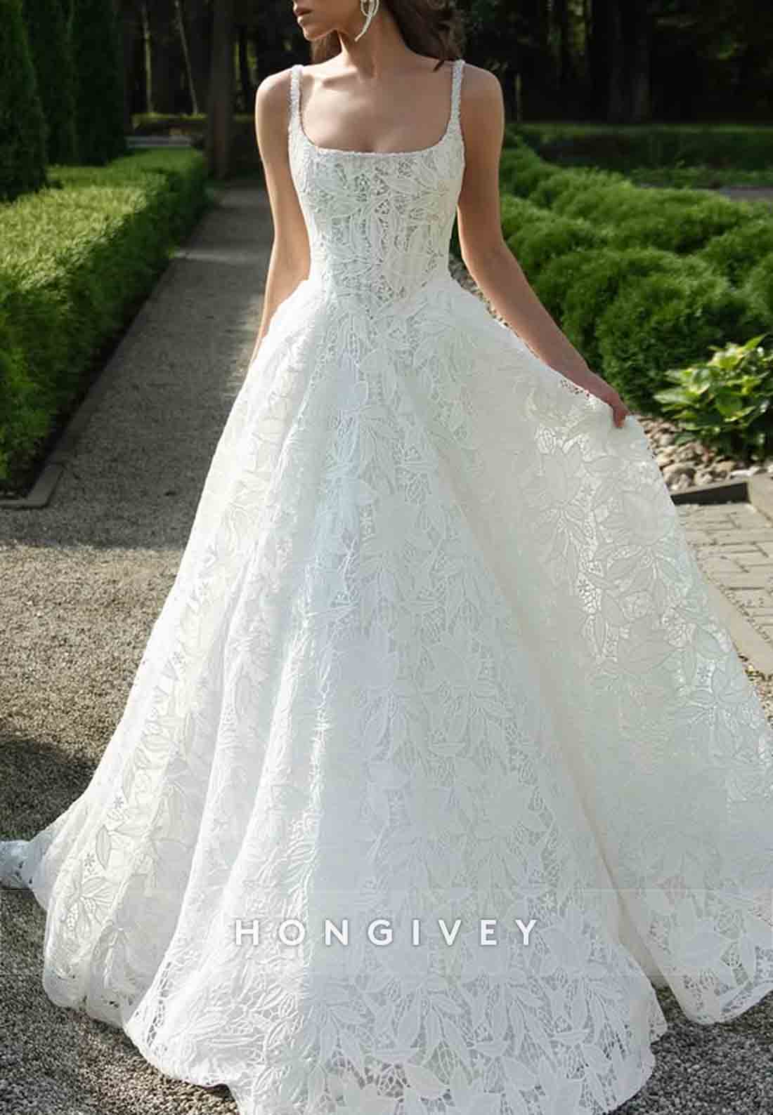 Square Neck Spaghetti Straps A-Line Wedding Dresses with Pearls