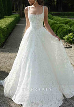 Square Neck Spaghetti Straps A-Line Wedding Dresses with Pearls