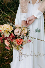 Romantic Deep V Neck Wedding Dress with Sheer Dotted Puff Sleeves Low Back