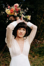 Romantic Deep V Neck Wedding Dress with Sheer Dotted Puff Sleeves Low Back