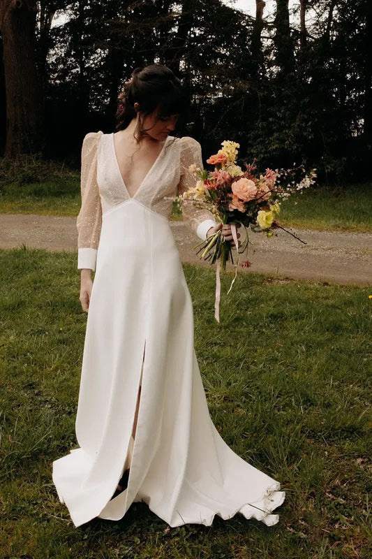 Romantic Deep V Neck Wedding Dress with Sheer Dotted Puff Sleeves Low Back