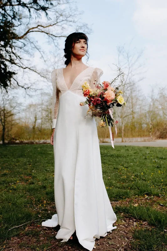 Romantic Deep V Neck Wedding Dress with Sheer Dotted Puff Sleeves Low Back