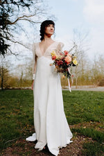 Romantic Deep V Neck Wedding Dress with Sheer Dotted Puff Sleeves Low Back