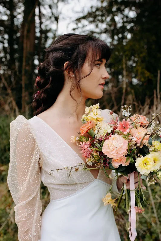 Romantic Deep V Neck Wedding Dress with Sheer Dotted Puff Sleeves Low Back