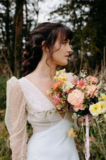 Romantic Deep V Neck Wedding Dress with Sheer Dotted Puff Sleeves Low Back