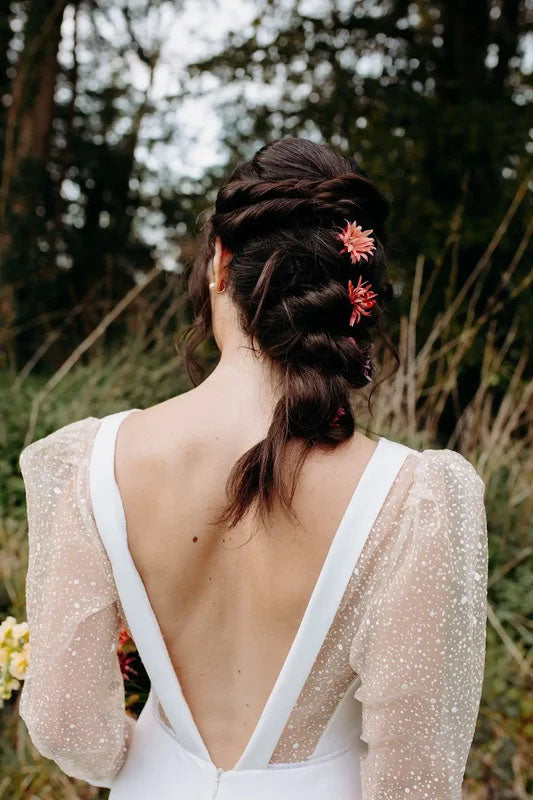 Romantic Deep V Neck Wedding Dress with Sheer Dotted Puff Sleeves Low Back