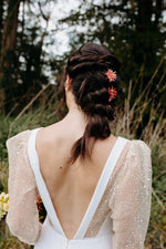 Romantic Deep V Neck Wedding Dress with Sheer Dotted Puff Sleeves Low Back