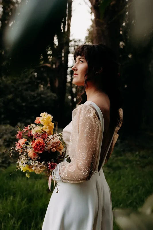 Romantic Deep V Neck Wedding Dress with Sheer Dotted Puff Sleeves Low Back