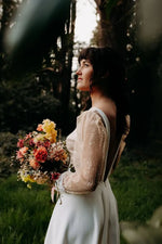 Romantic Deep V Neck Wedding Dress with Sheer Dotted Puff Sleeves Low Back