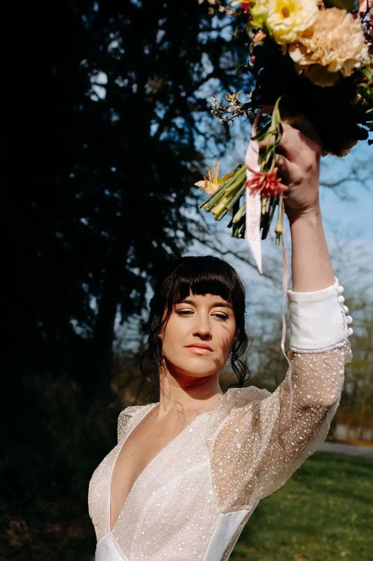 Romantic Deep V Neck Wedding Dress with Sheer Dotted Puff Sleeves Low Back