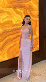 Pink Mermaid Sequins Slit Evening Dress