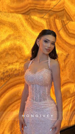 Pink Mermaid Sequins Slit Evening Dress