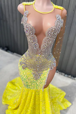 Round neck Silver Beaded Mermaid Yellow Sequin Prom Dresses