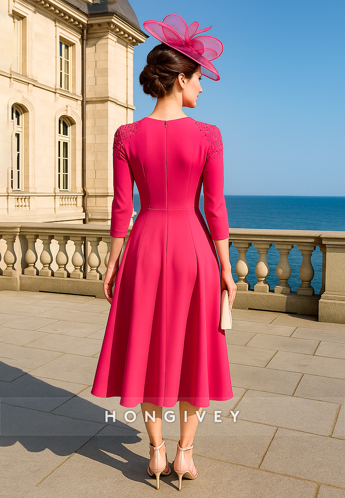 3/4 Sleeve A-Line Tea-Length Pleated Mother of the Bride Dress with Shoulder Beading