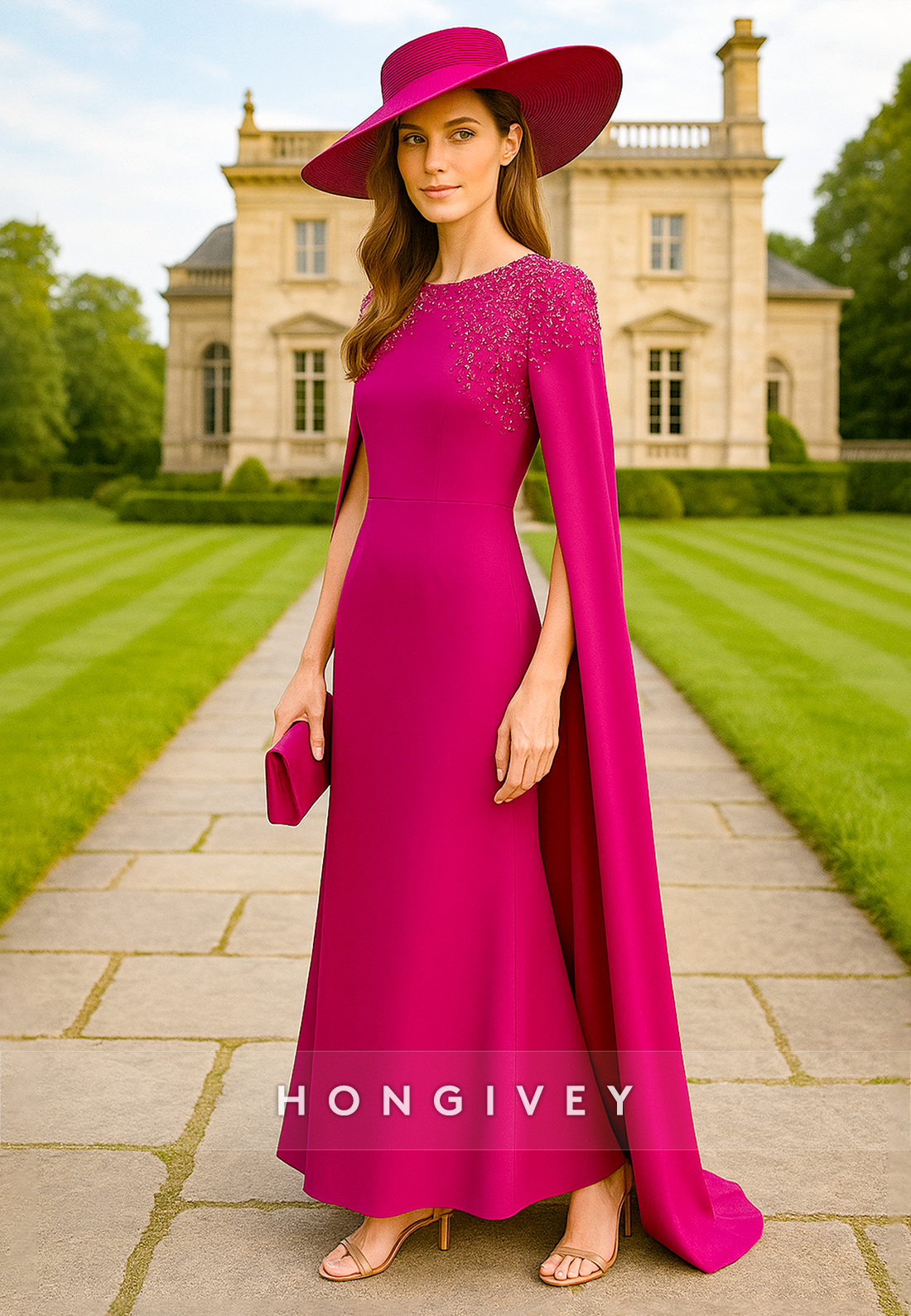 Round Neck Bell Sleeves Ankle-Length Beaded Long Mother of the Bride Dress