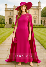 Round Neck Bell Sleeves Ankle-Length Beaded Long Mother of the Bride Dress