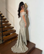 Flowers Sequins Off the Shouldrt Sleeveless Mermaid Floor-Length Evening Dress