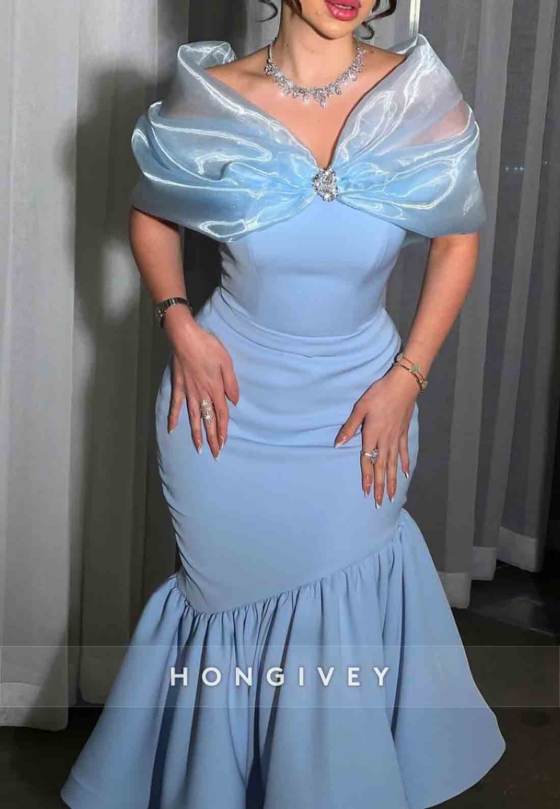 Chic Blue Shawl Mermaid Pleated Tea-Length Bowknot Evening Gowns