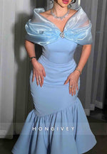 Chic Blue Shawl Mermaid Pleated Tea-Length Bowknot Evening Gowns