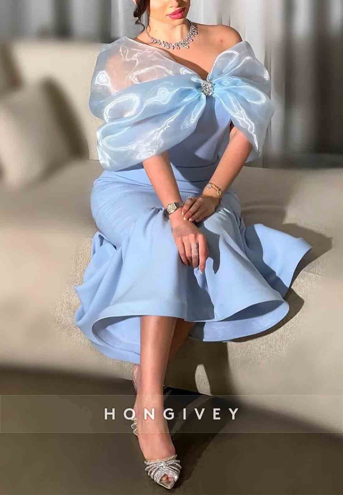 Chic Blue Shawl Mermaid Pleated Tea-Length Bowknot Evening Gowns