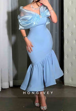 Chic Blue Shawl Mermaid Pleated Tea-Length Bowknot Evening Gowns