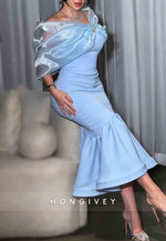 Chic Blue Shawl Mermaid Pleated Tea-Length Bowknot Evening Gowns