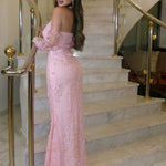 Pink Halter Detachable Lace Flowers Long Sleeve Mermaid Floor-Length Prom Dress