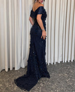 Flowers Sequins Off the Shouldrt Sleeveless Mermaid Floor-Length Evening Dress