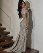 Flowers Sequins Off the Shouldrt Sleeveless Mermaid Floor-Length Evening Dress