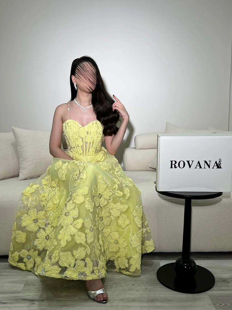 Yellow Sweetheart Applique Sleeveless A-Line Ankle-Length Evening Dress