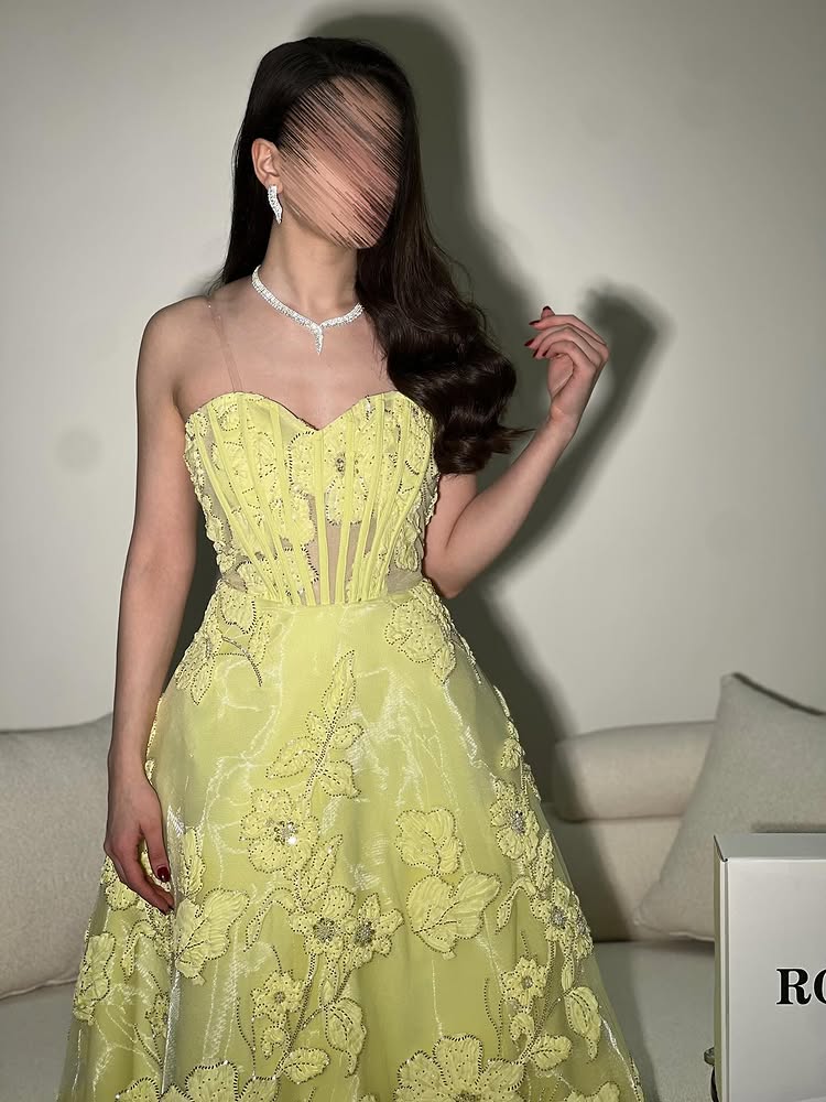 Yellow Sweetheart Applique Sleeveless A-Line Ankle-Length Evening Dress