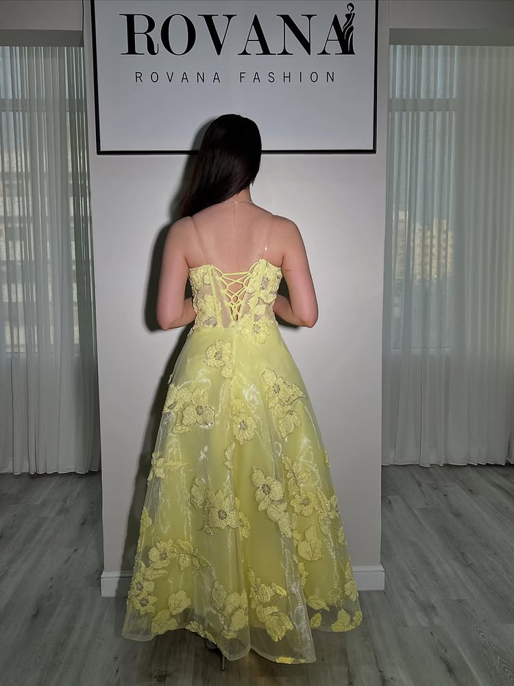 Yellow Sweetheart Applique Sleeveless A-Line Ankle-Length Evening Dress