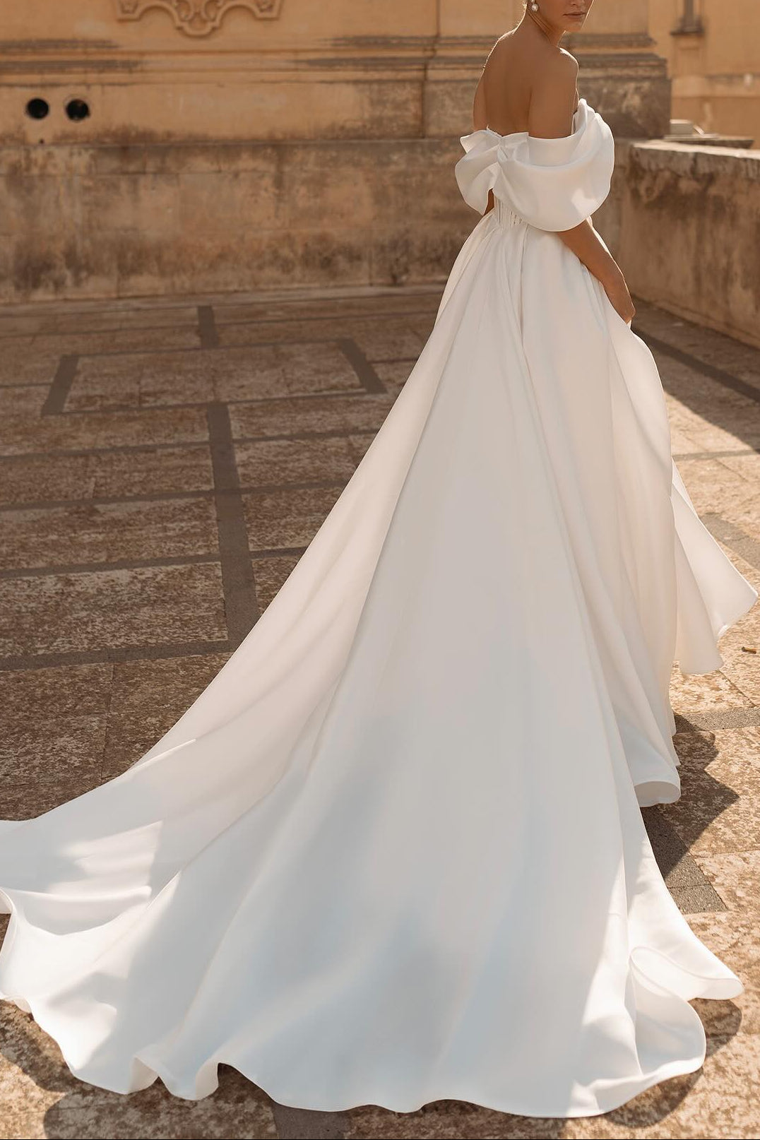 Chic Off-Shoulder A-Line Satin with Train Wedding Dress Bride Gown