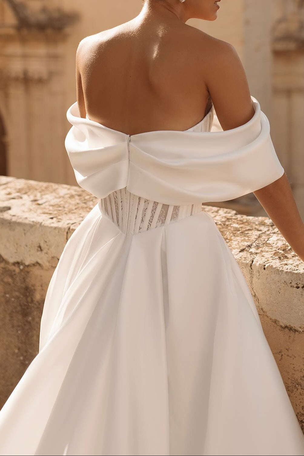 Chic Off-Shoulder A-Line Satin with Train Wedding Dress Bride Gown