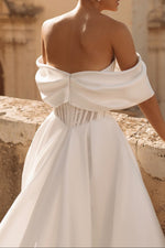 Chic Off-Shoulder A-Line Satin with Train Wedding Dress Bride Gown