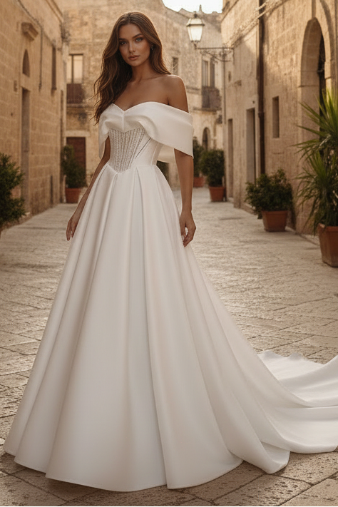 Chic Off-Shoulder A-Line Satin with Train Wedding Dress Bride Gown